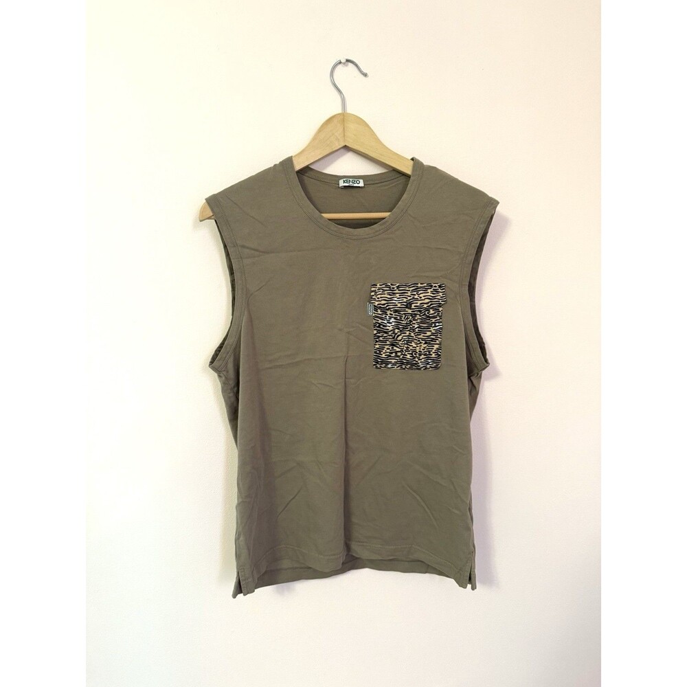 KENZO PARIS Sleeveless Khaki Green Brown Shirt Top Tiger Pocket Sz L Mens Womens
